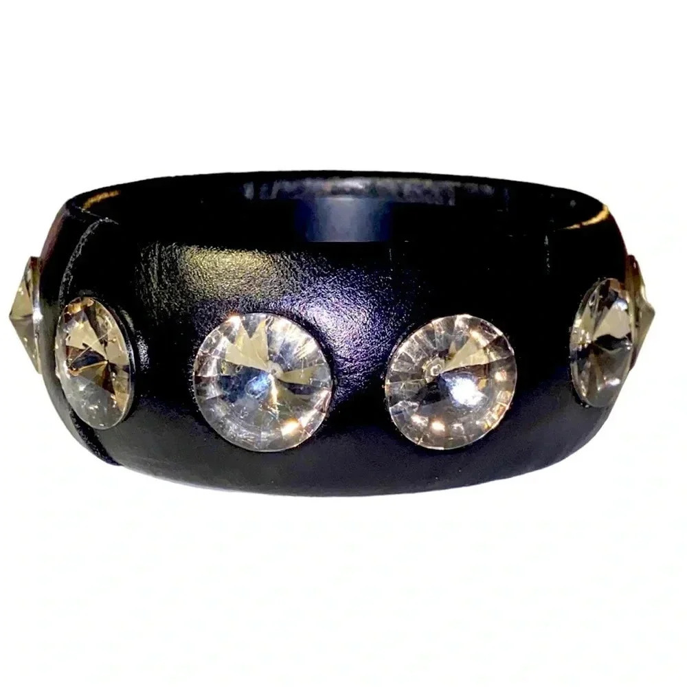 Vintage Rivioli Rhinestone Black Vinyl Wide Black Bangle Bracelet